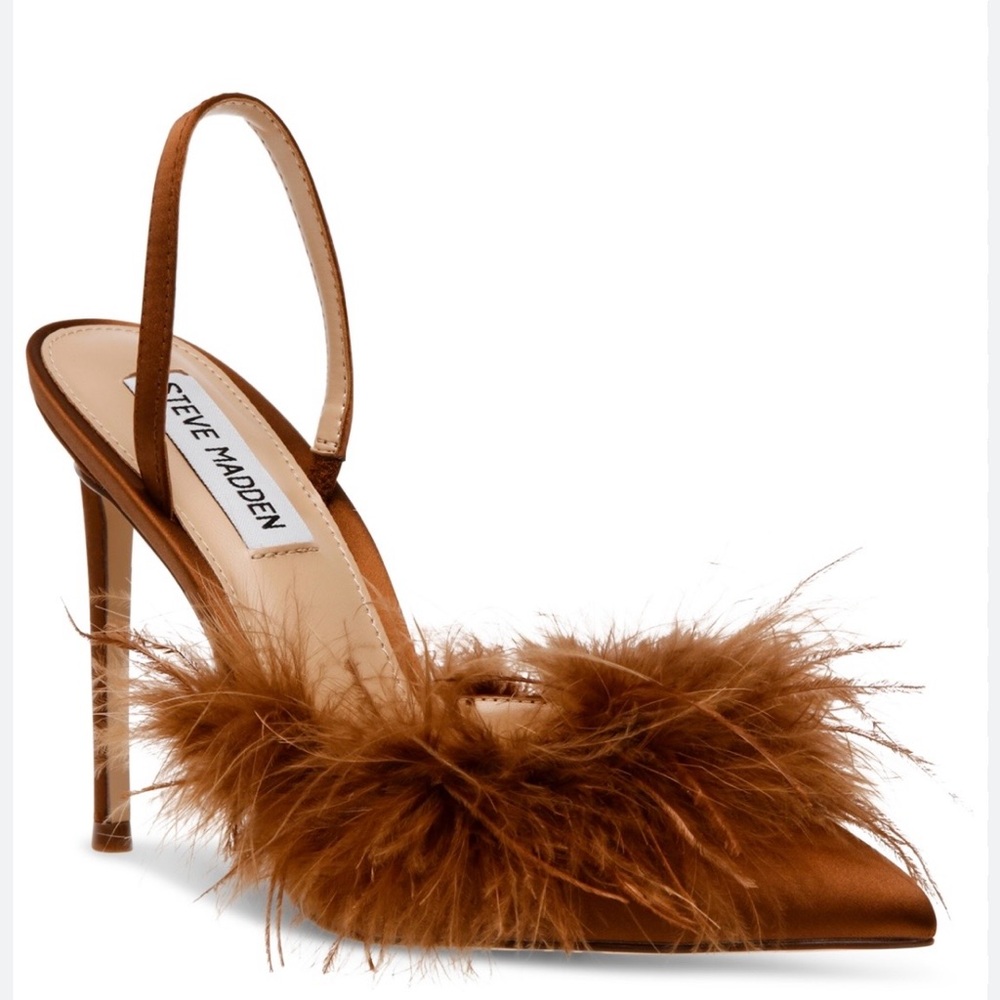NWT - Steve Madden Light Brown Feathered Slingback Heels 7.5
